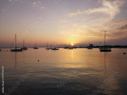 Sunset at the sea near yacht port