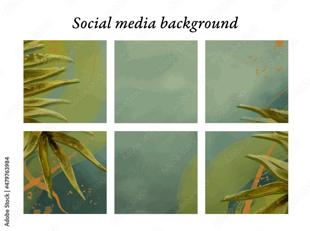 Plantillas de diseño para publicaciones en redes sociales con motivos de naturaleza. Hojas de palmera de acuarela en tonos verdes y toques dorados, con espacio para texto e imágenes