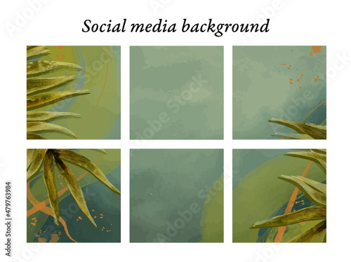 Plantillas de diseño para publicaciones en redes sociales con motivos de naturaleza. Hojas de palmera de acuarela en tonos verdes y toques dorados, con espacio para texto e imágenes