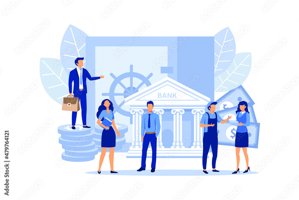 Obraz premium closed bank safe, dollars in a deposit box and a cash bag, safe savings, a money deposit, bank employees, investing money on an account flat vector illustration 
