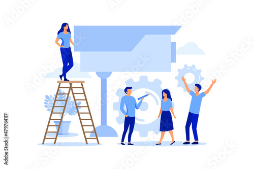 security camera, people scanning, protected objects flat vector design illustration 