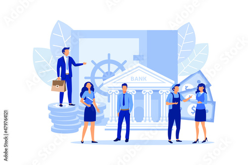 closed bank safe, dollars in a deposit box and a cash bag, safe savings, a money deposit, bank employees, investing money on an account flat vector illustration 