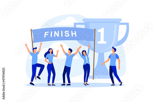 concept of success, reach the goal, come first to the finish line, take the leadership positions, celebrate the victory, the first place with the medal and the gold cup flat vector illustration 
