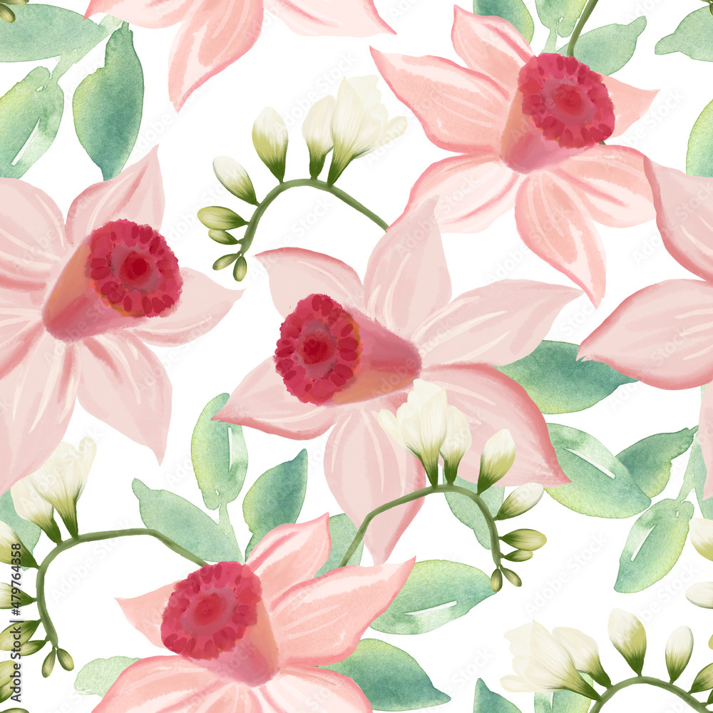 Hand-painted watercolor daffodils freesia pattern