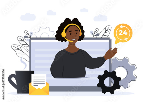 Concept customer and operator, online technical support 24-7 for web page. Vector illustration african american female hotline operator advises client. Online assistant, virtual help service.