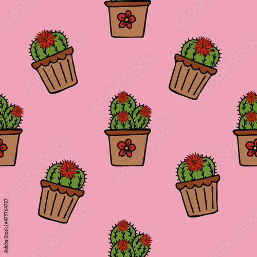 Seamless pattern with   acti in flower pots on pink background. Doodle style. Vector image.