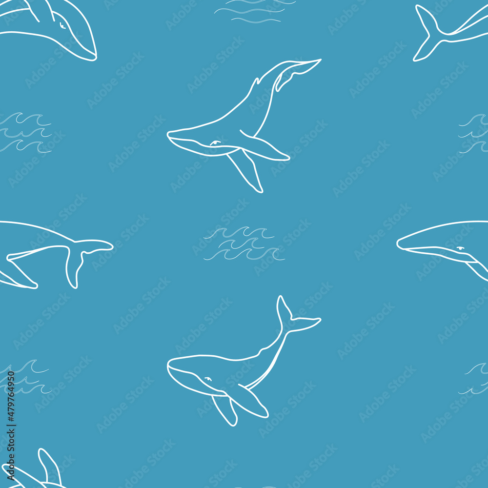 Fototapeta premium Seamless pattern with humpback whales and waves minimalist simple outline vector background illustration. Contour whale drawing on blue background