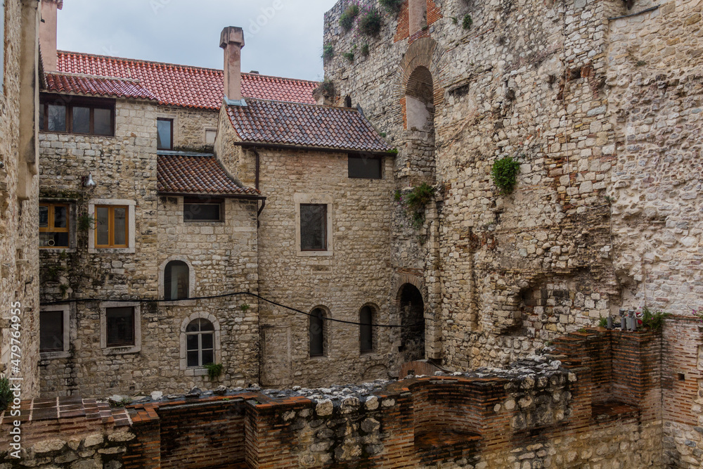 Stone houses and ruins in the old town of Split, Croatia