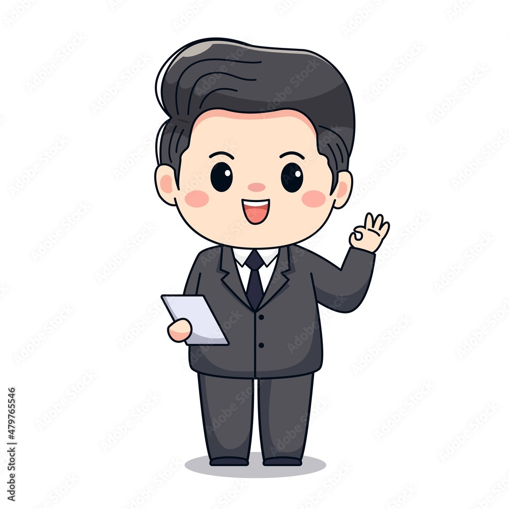 Illustration of a businessman with ok sign cute kawaii chibi character design