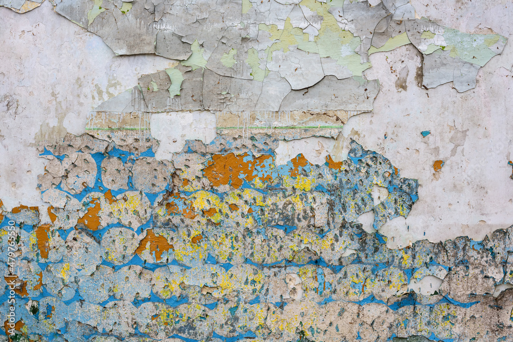 Background Of Old Vintage Dirty Brick Wall With Peeling Plaster, Texture. Shabby Building Facade With Damaged Plaster.