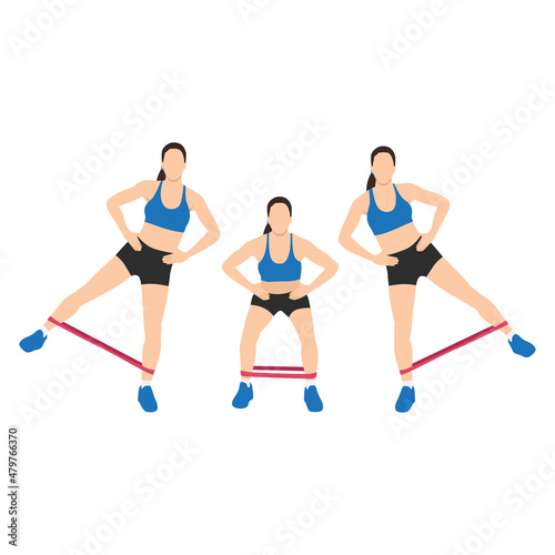 Woman doing Resistance band squat leg abduction exercise. Flat vector illustration isolated on white background