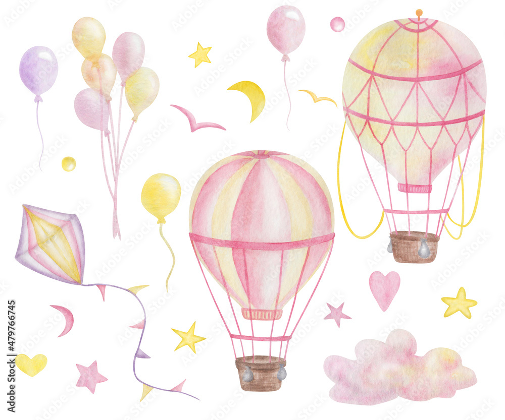 Naklejka premium Watercolor illustration of hand painted yellow pink hot air balloons, kite, birds, hearts, stars, clouds isolated on white. Clip art set of elements for children birthday postcards, invitation cards
