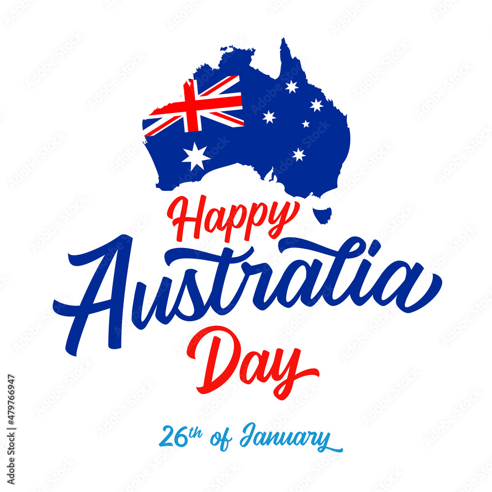 Happy Australia Day lettering. Australian map with flag and text. Vector illustration. Isolated abstract graphic design template. Happy Australia Day lettering. Australian map with flag and text. Vector illustration. Isolated abstract graphic design template.
