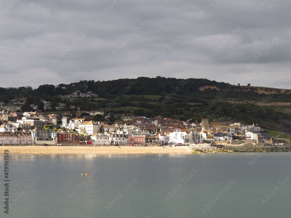 view the historic seaside town of Lyme Regis also known as The Pearl of Dorset	across the sea