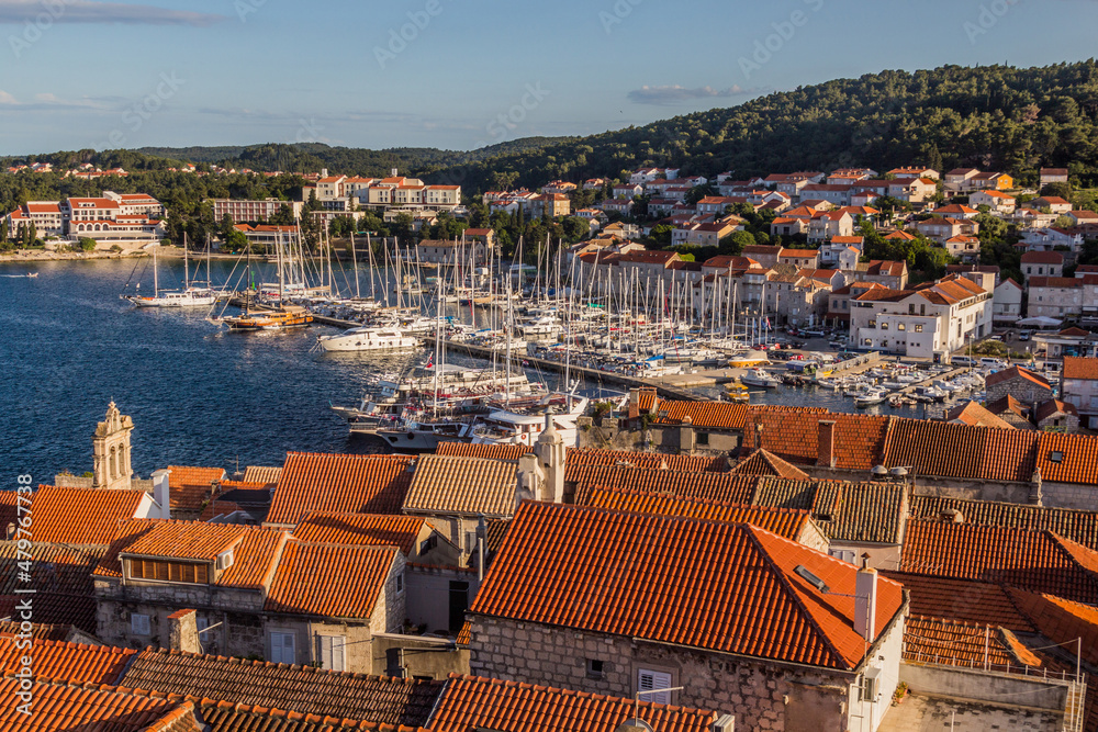 Aerial view of marina in Korcula town, Croatia
