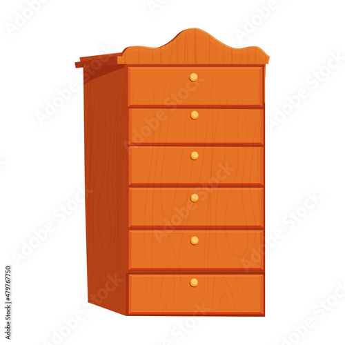 Nightstand wooden furniture, wood wardrobe in cartoon style isolated on white background. Vintage interior commode with shelves. 