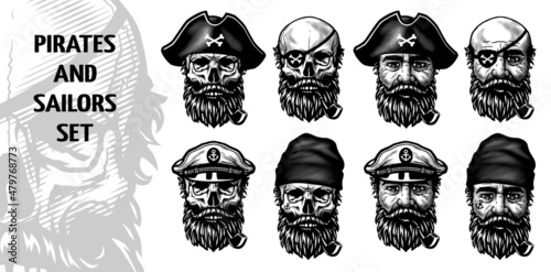 Set of sailors and pirates, skulls and heads. Vector illustration.