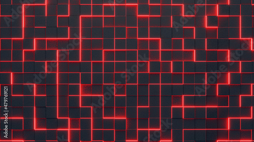 Fototapeta Naklejka Na Ścianę i Meble -  Abstract background with black blocks and red lights. 3d rendering
