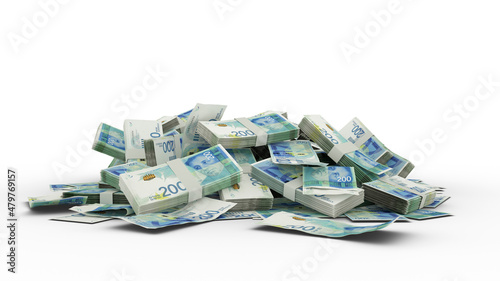 3D Stack of 200 Israeli Shekel notes isolated on white background