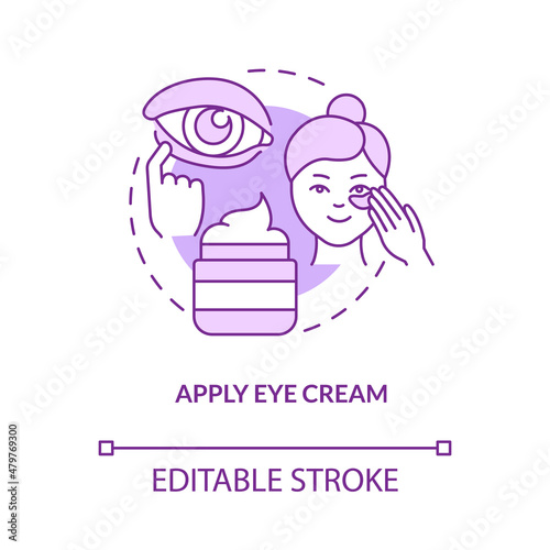 Apply eye cream purple concept icon. Dark circle removal. Skincare routine abstract idea thin line illustration. Isolated outline drawing. Editable stroke. Roboto-Medium, Myriad Pro-Bold fonts used