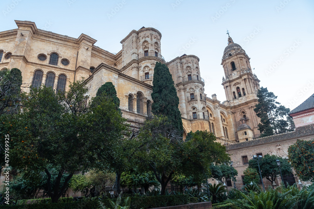 View of the cathedral and its gardens of the Incarnation of the city of Malaga, Andalusia. Spain