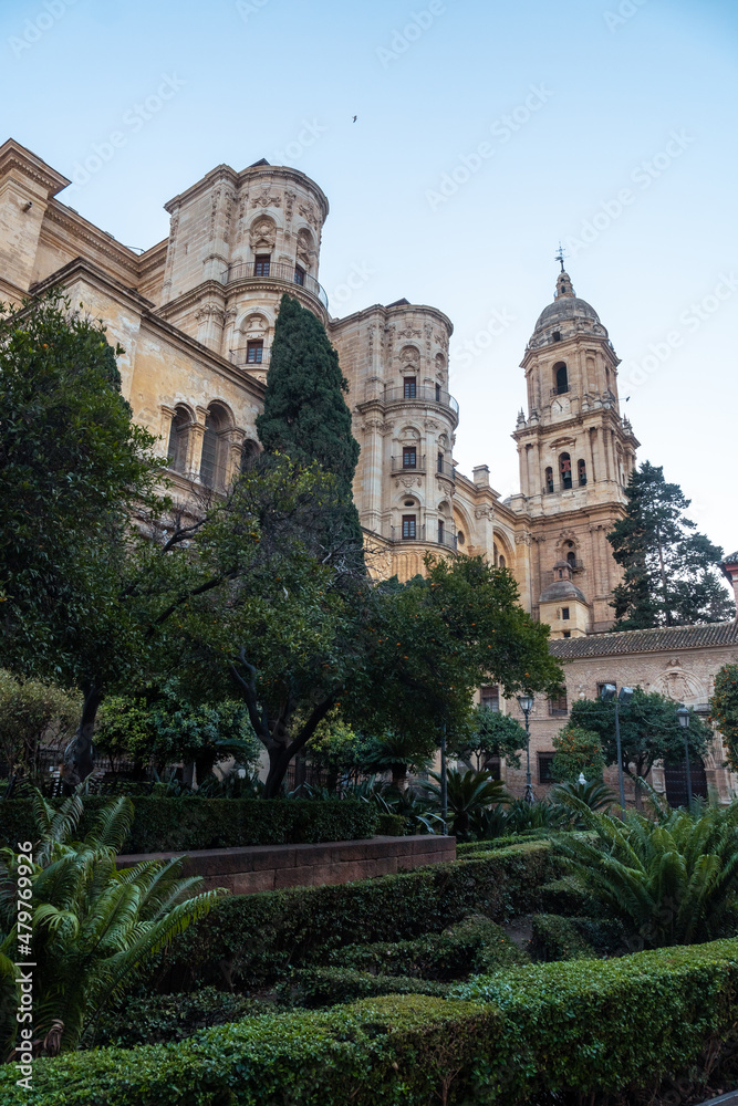 View of the cathedral and its gardens of the Incarnation of the city of Malaga, Andalusia. Spain