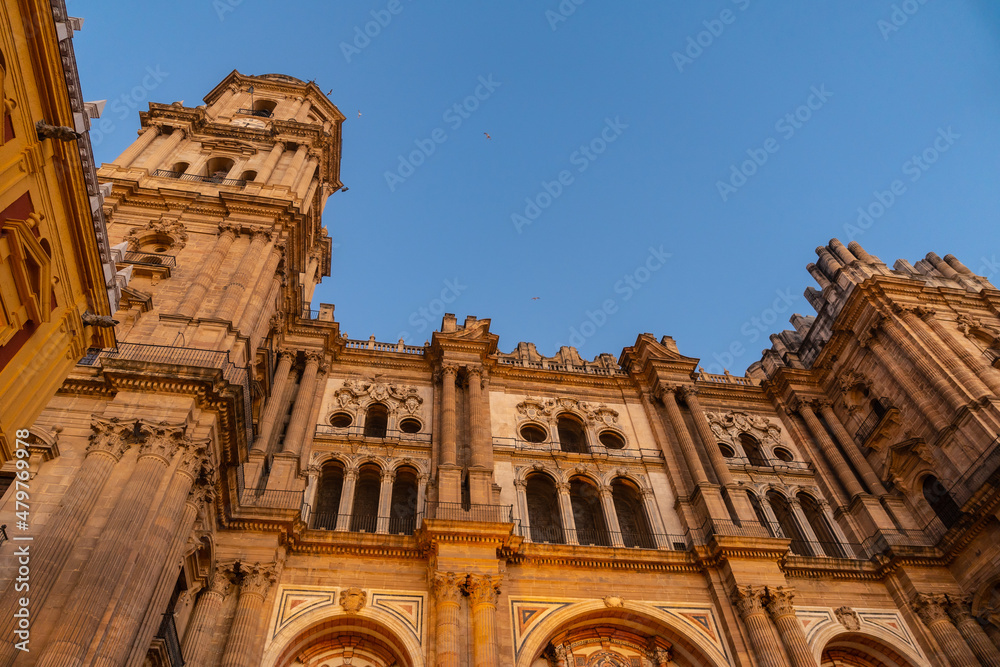 Facade of the Cathedral of the Incarnation in the city of Malaga, Andalusia. Spain