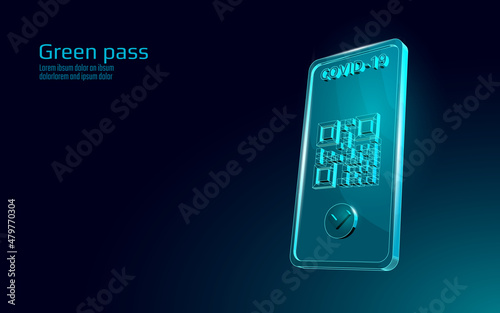 COVID-19 Green Pass QR-code 3D concept. Phone app screen health passport mobile app certificate. Safe travel coronavirus immunization poster vector illustration