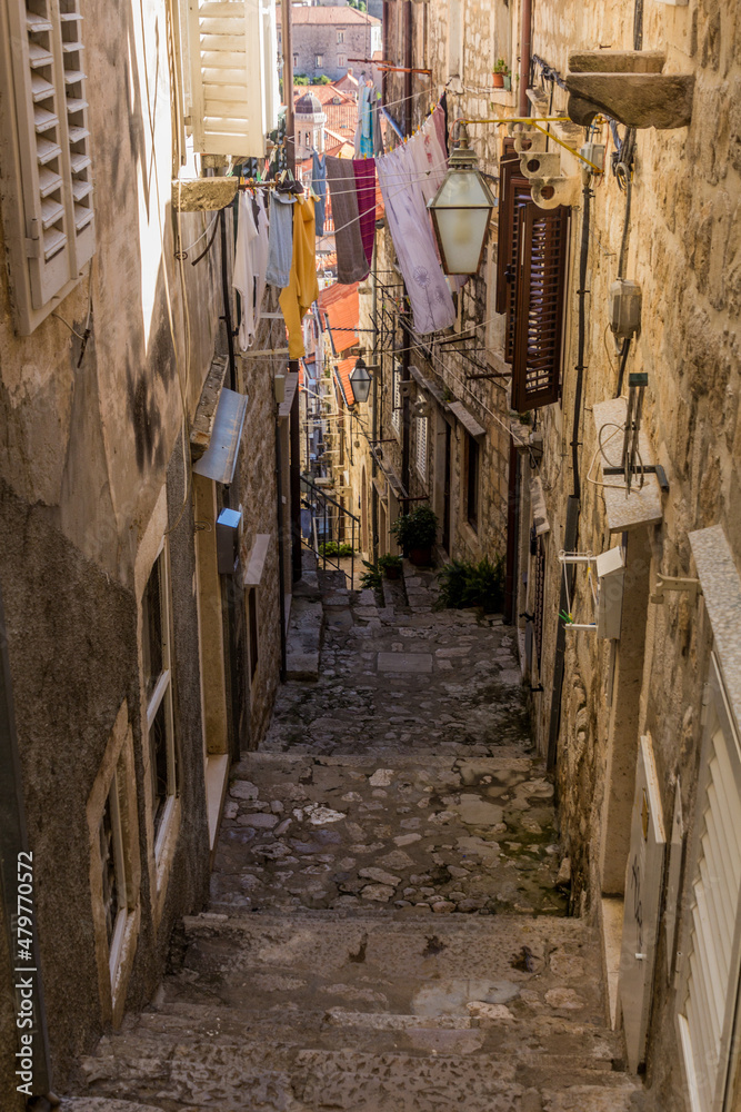 Narrow alley in the old town of Dubrovnik, Croatia