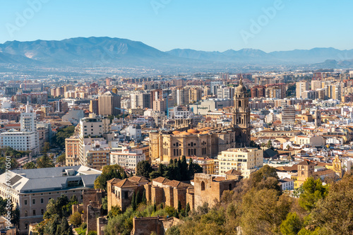 Views of the city and the Cathedral of the Incarnation of Malaga from the Gibralfaro Castle in the city of Malaga, Andalusia. Spain