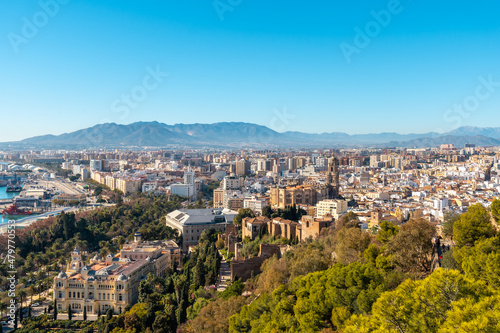 Views of the city and the Cathedral of the Incarnation of Malaga from the Gibralfaro Castle in the city of Malaga, Andalusia. Spain