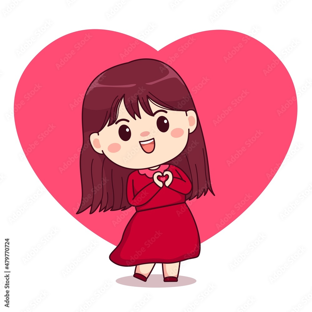 Valentine day love sign girl with red dress cute kawaii chibi character design Valentine day love sign girl with red dress cute kawaii chibi character design