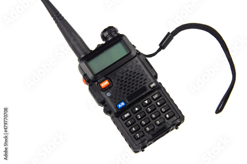 Black classic walkie-talkie with display, antenna and keyboard 