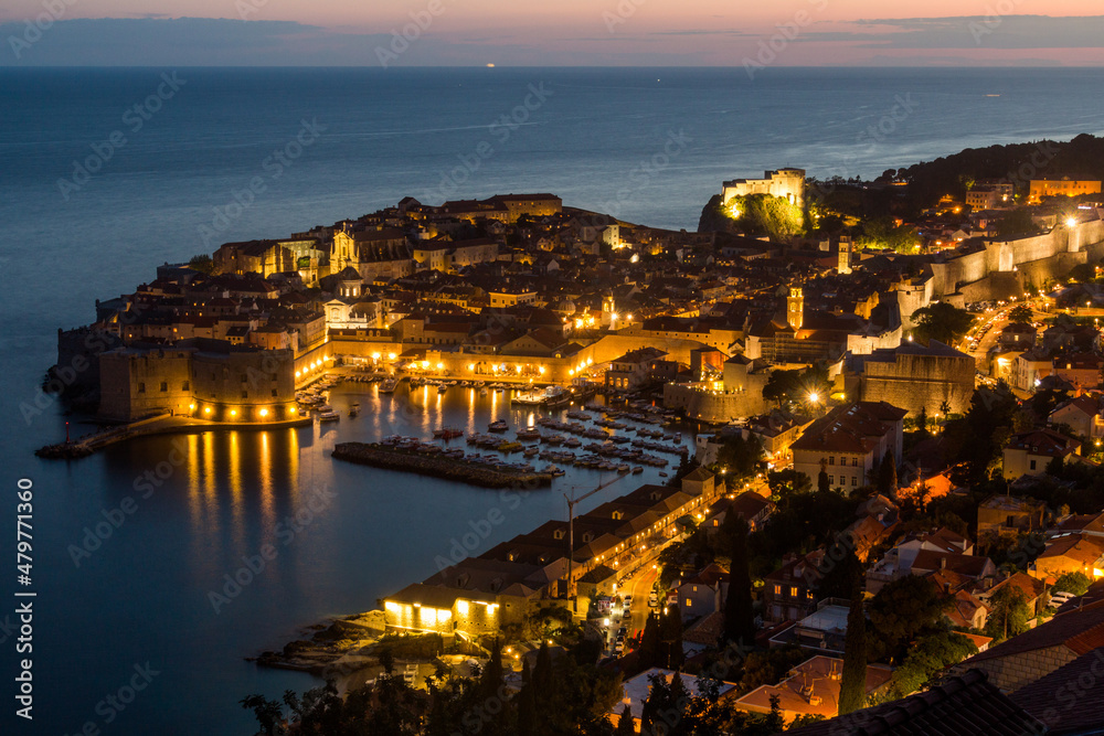 Evening aerial view of the old town of Dubrovnik, Croatia