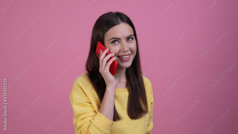 Lady tell say device insincere feelings isolated pastel color background