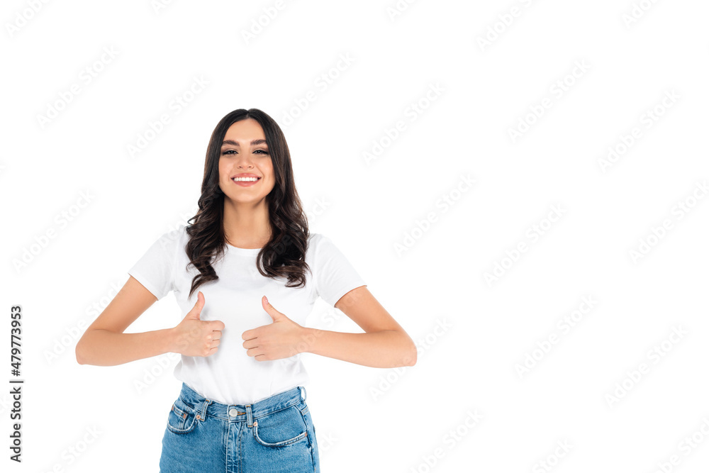 happy asian woman looking at camera and showing thumbs up isolated on white. happy asian woman looking at camera and showing thumbs up isolated on white.