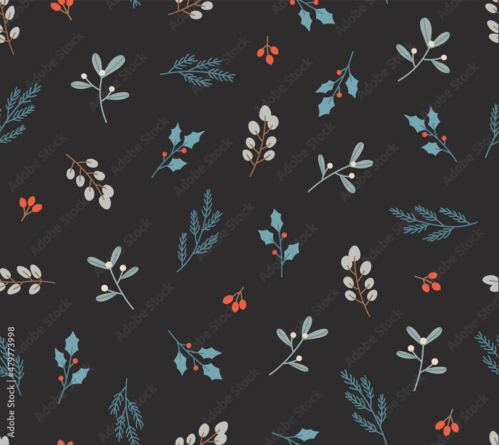 Seamless pattern of eucalyptus, mistletoe, pine, berries, holly berry. Concept of the winter season, holidays, Christmas, New Year. Hand-drawn colorful vector illustration, isolated on black.