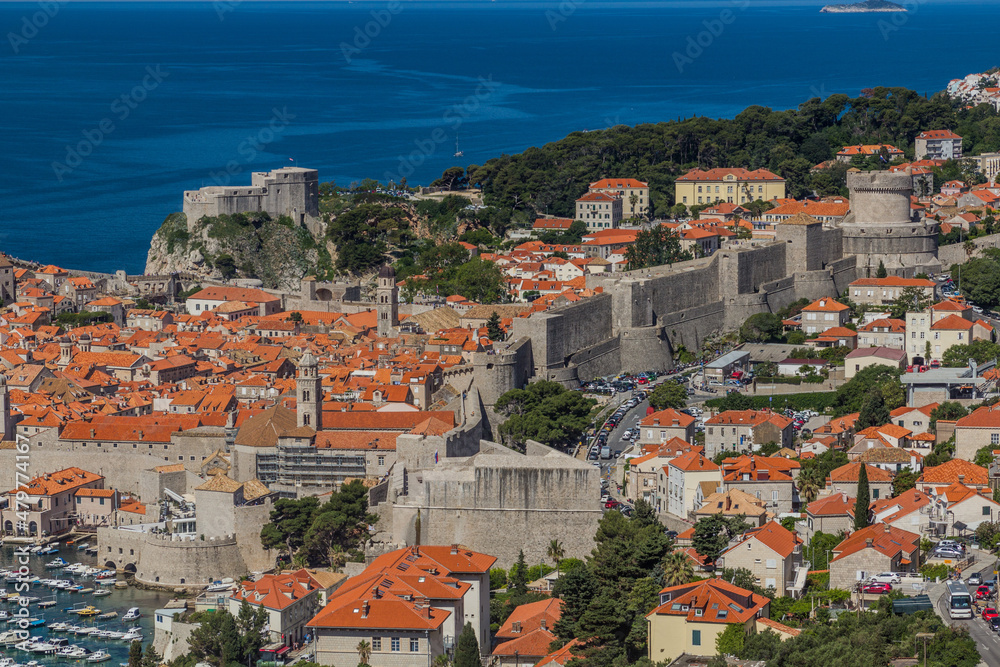 Aerial view of the Walls of the old town of Dubrovnik, Croatia