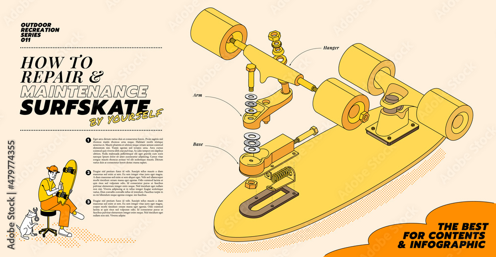 Illustration concept of how to repair skateboard. A man repairing
