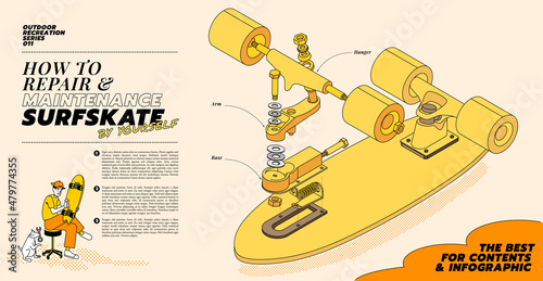 Illustration concept of how to repair skateboard. A man repairing skateboard or surf skate at home with a dog. Isometric illustration of skateboard assembly scheme and parts. The Best for infographic.