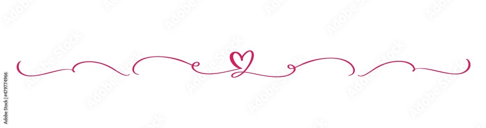 Red Vintage Flourish Vector divider Valentine Day Hand Drawn Black Calligraphic two Heart. Calligraphy Holiday illustration. Design valentine element. Icon love decor for web, wedding