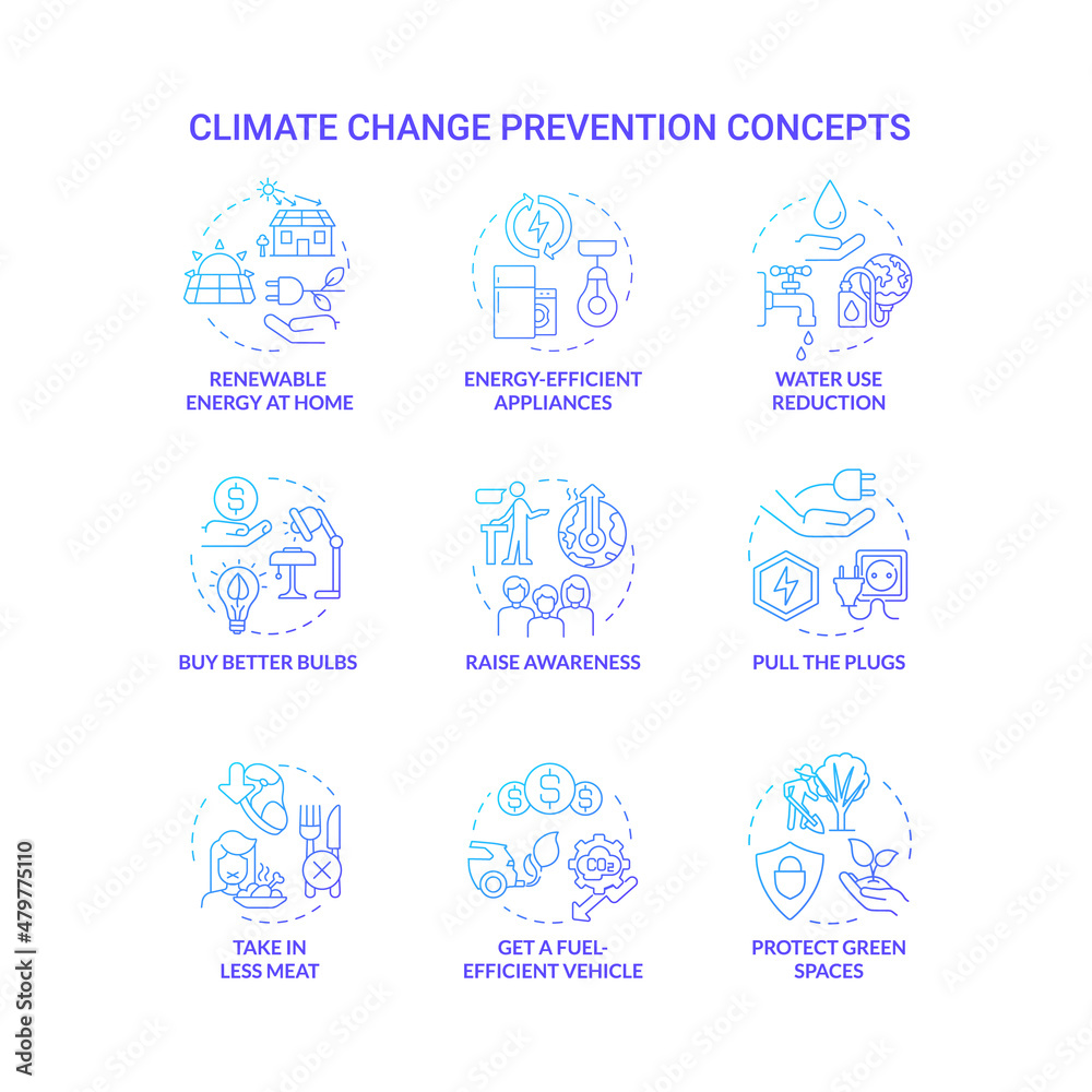 Climate change prevention blue gradient concept icons set. Avoid global warming idea thin line color illustrations. Isolated outline drawings. Roboto-Medium, Myriad Pro-Bold fonts used