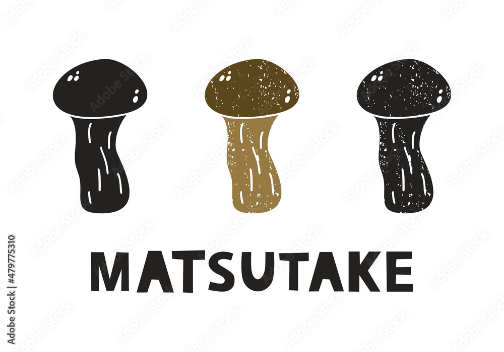 Matsutake mushroom, silhouette icons set with lettering. Imitation of