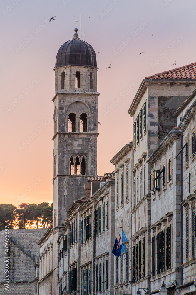 Franciscan Church tower in the old town of Dubrovnik, Croatia