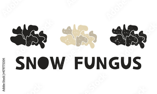 Snow fungus, silhouette icons set with lettering. Imitation of stamp, print with scuffs. Simple black shape and color vector illustration. Hand drawn isolated elements on white background