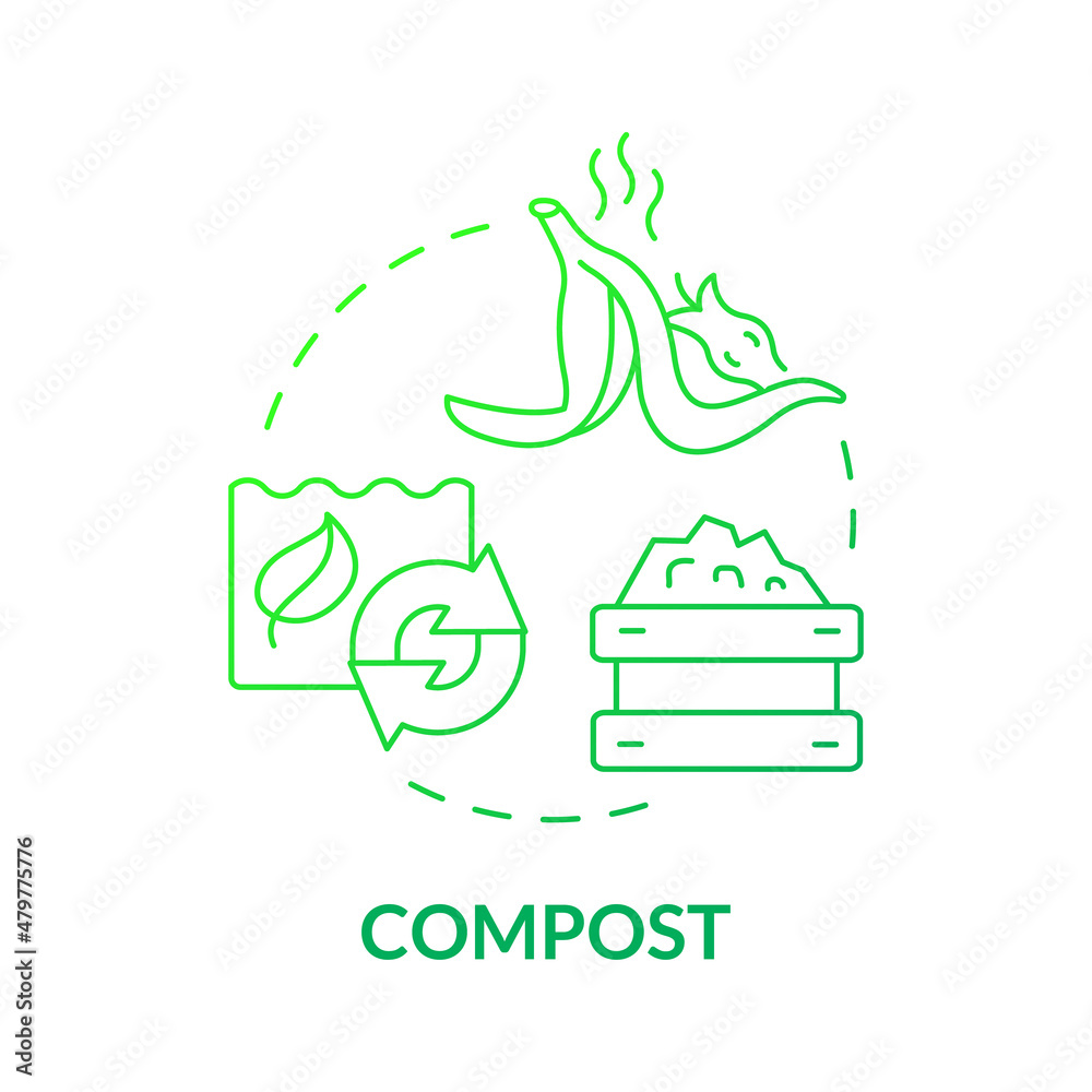 Compost green gradient concept icon. Organic Trash. Recycled garbage. Minimize waste abstract idea thin line illustration. Isolated outline drawing. Roboto-Medium, Myriad Pro-Bold fonts used Compost green gradient concept icon. Organic Trash. Recycled garbage. Minimize waste abstract idea thin line illustration. Isolated outline drawing. Roboto-Medium, Myriad Pro-Bold fonts used