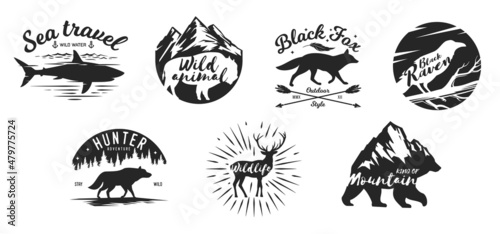Set silhouettes with animals in vintage hand drawn style. Collection abstract composition isolated on white background. Monochrome template for tattoo, print, label, badge. Vector illustration.