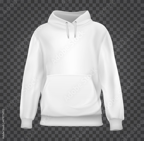 Realistic white hoodie base cloth isolated on transparent background. Blank mockup for branding man or woman fashion. Design casual template. 3d vector illustration.