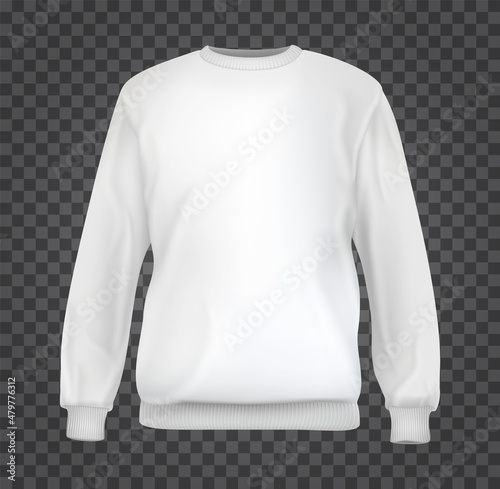 Realistic white sweatshirt base cloth isolated on transparent background. Blank mockup for branding man or woman fashion. Design casual template. 3d vector illustration.
