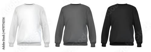 Set realistic white, gray, black sweatshirt base cloth isolated on clean background. Collection blank mockup for branding man or woman fashion. Design casual template. 3d vector illustration.